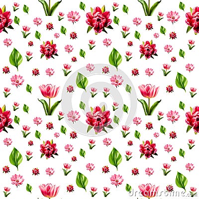 Seamless pattern tulip flower, pollen and leaves on white background Stock Photo